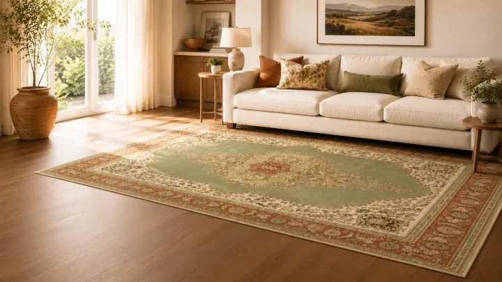 Living room with a green area rug for a sale promotion