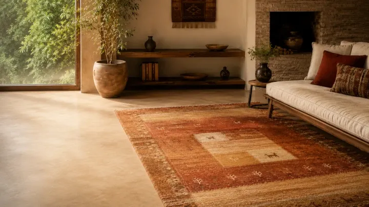 Gabbeh rug styled in a warm living room